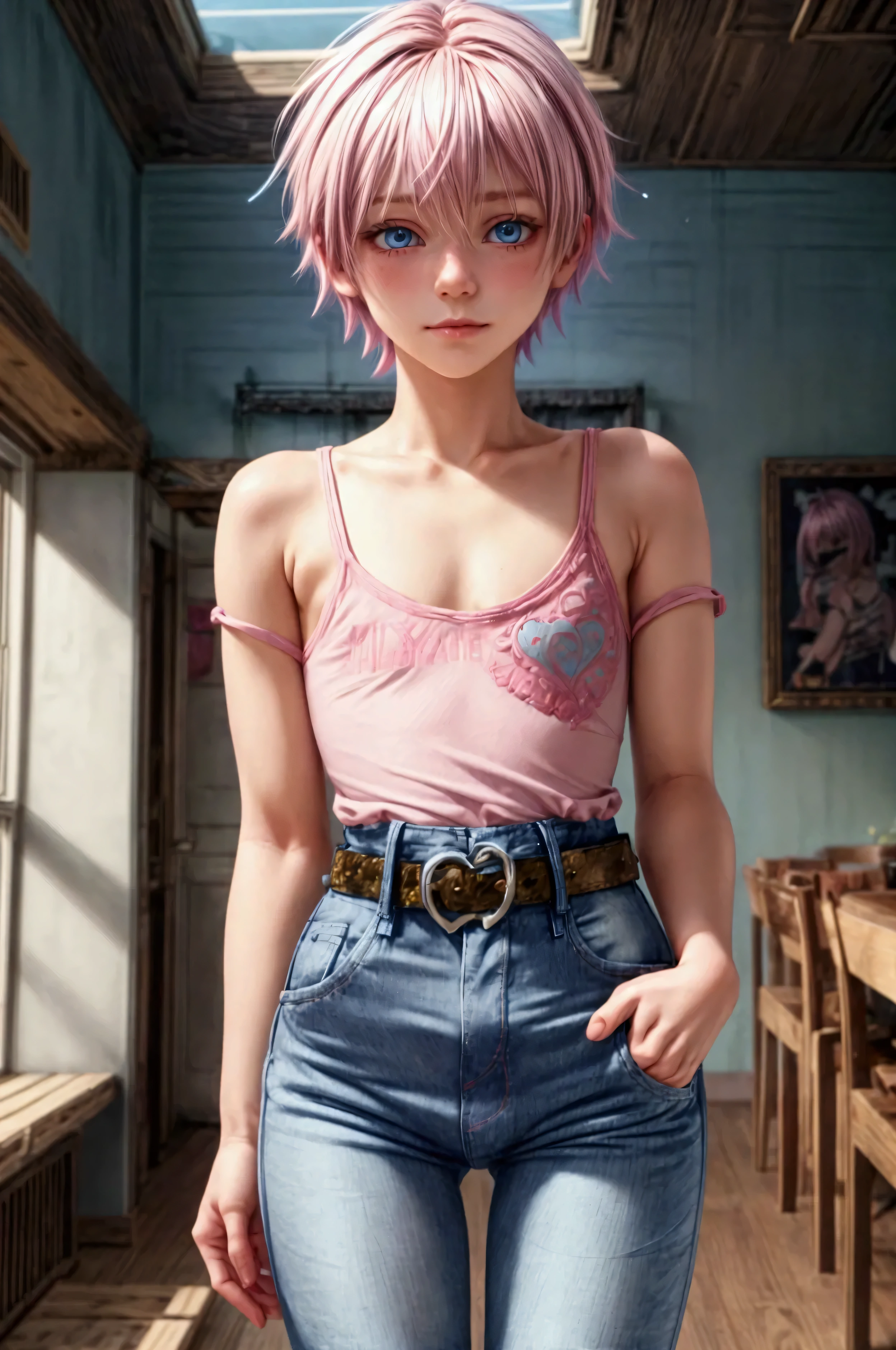 (masterpiece, best quality), 1boy, blonde boy, boy face, boy body, cute boy, femboy, light blue eyes, short hair, messy hair, bangs, pastel rainbow inner hair color mesh, cute face, shy smile, pink short sleeve cropped T-shirt, (no breast), bare arms, smooth tummy, dark blue denim high waist skinny jeans, (pink hearts embroidered on jeans), (tiny bulge on jeans), (belted jeans), pink glitter belt, blonde hair, cute face, boy body, standing, indoor, intricate detail, sunlight, 