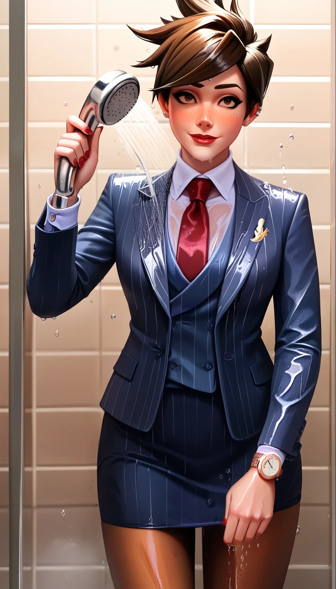 score_9, score_8_up, score_7_up, score_6_up, source_anime,  three-piece suit, tracer, 1girl, solo, brown hair, short hair, freckles, smile, pretty, formal, jewelry, navy pinstripe suit, red silk necktie, earrings, jacket, shirt, standing, shower, running water, under shower, black eyes, watch, navy pinstripe jacket, wristwatch, ((light blue shirt with white collar)), red lips, navy pinstripe skirt, makeup, black pantyhose, cufflinks, black lapel trim, brown eyes, red nails,High Resolution, Blush, white cuffs, wet clothes, wet skin, wet hair, soaked, drenched, soaked clothes, glossy clothing, shiny skin, pinup pose, holding shower head, dripping water, water droplets