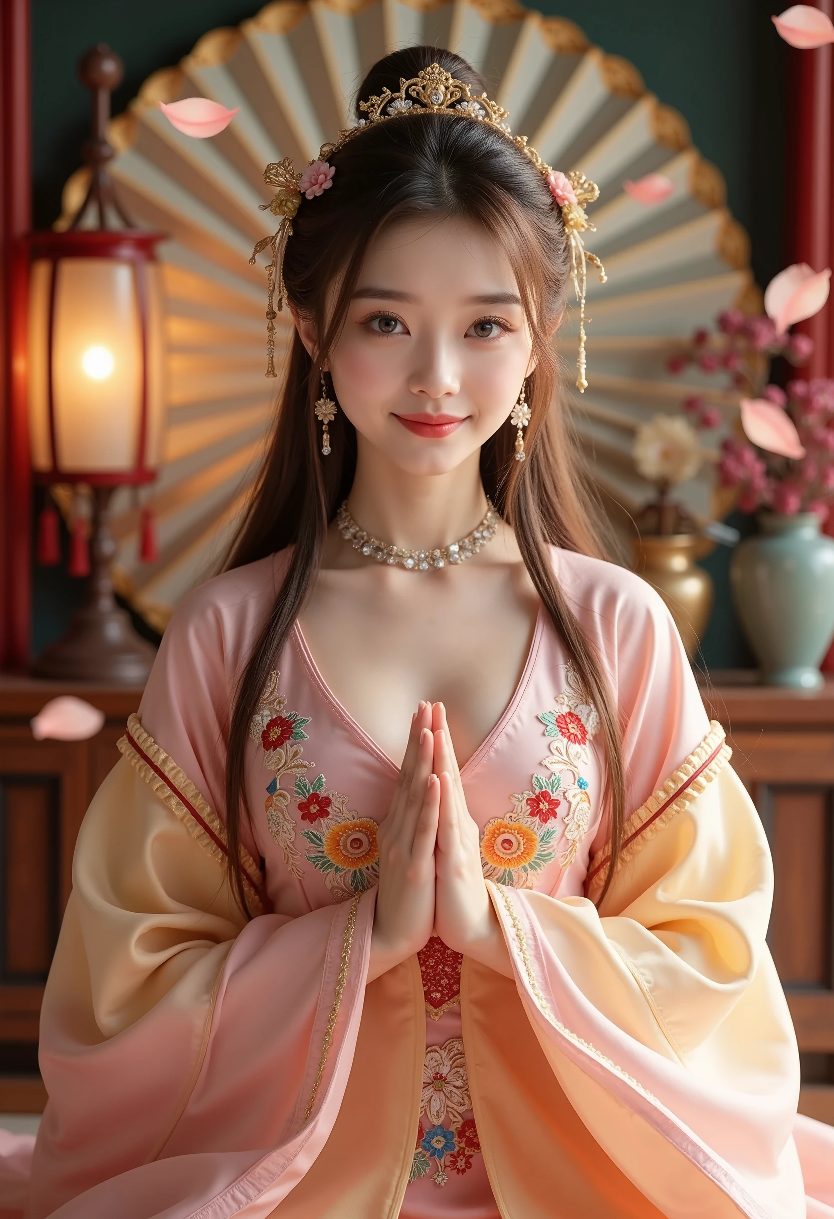 1qqq, Realistic, Best Quality, Masterpiece, High Resolution, (Exquisite Body: 1.5), Gorgeous Face, (Milky White Skin: 1.3), Complex Details, High Resolution Wallpaper, 1 Girl, Solo, Dress, Hair Accessories, ((Pink and Yellow Dresses)), Flowers, Long Hair, Brown Hair, Closed Mouth, Jewelry, Long Sleeves, Wide Sleeves, Big Eyes, Floating Hair, Chinese Clothing, Hanfu, Embroidery, Long Skirt, Natural Posture, Petal Falling, Indoor, Fan shaped, Lantern, 16K, HDR, High Definition, Depth of Field, (Film Grain: 1.1), Scattered View, Golden Moment, (Camera Flash), Small Illustrations, Rainbow, (Color Rating: 1.5) (Big chest: 1.2), upper body,