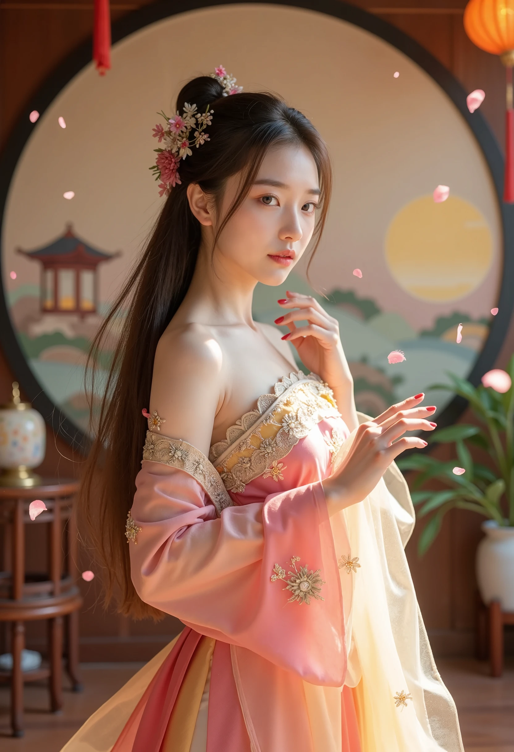 1qqq, Realistic, Best Quality, Masterpiece, High Resolution, (Exquisite Body: 1.5), Gorgeous Face, (Milky White Skin: 1.3), Complex Details, High Resolution Wallpaper, 1 Girl, Solo, Dress, Hair Accessories, ((Pink and Yellow Dresses)), Flowers, Long Hair, Brown Hair, Closed Mouth, Jewelry, Long Sleeves, Wide Sleeves, Big Eyes, Floating Hair, Chinese Clothing, Hanfu, Embroidery, Long Skirt, Natural Posture, Petal Falling, Indoor, Fan shaped, Lantern, 16K, HDR, High Definition, Depth of Field, (Film Grain: 1.1), Scattered View, Golden Moment, (Camera Flash), Small Illustrations, Rainbow, (Color Rating: 1.5) (Big chest: 1.2), upper body,