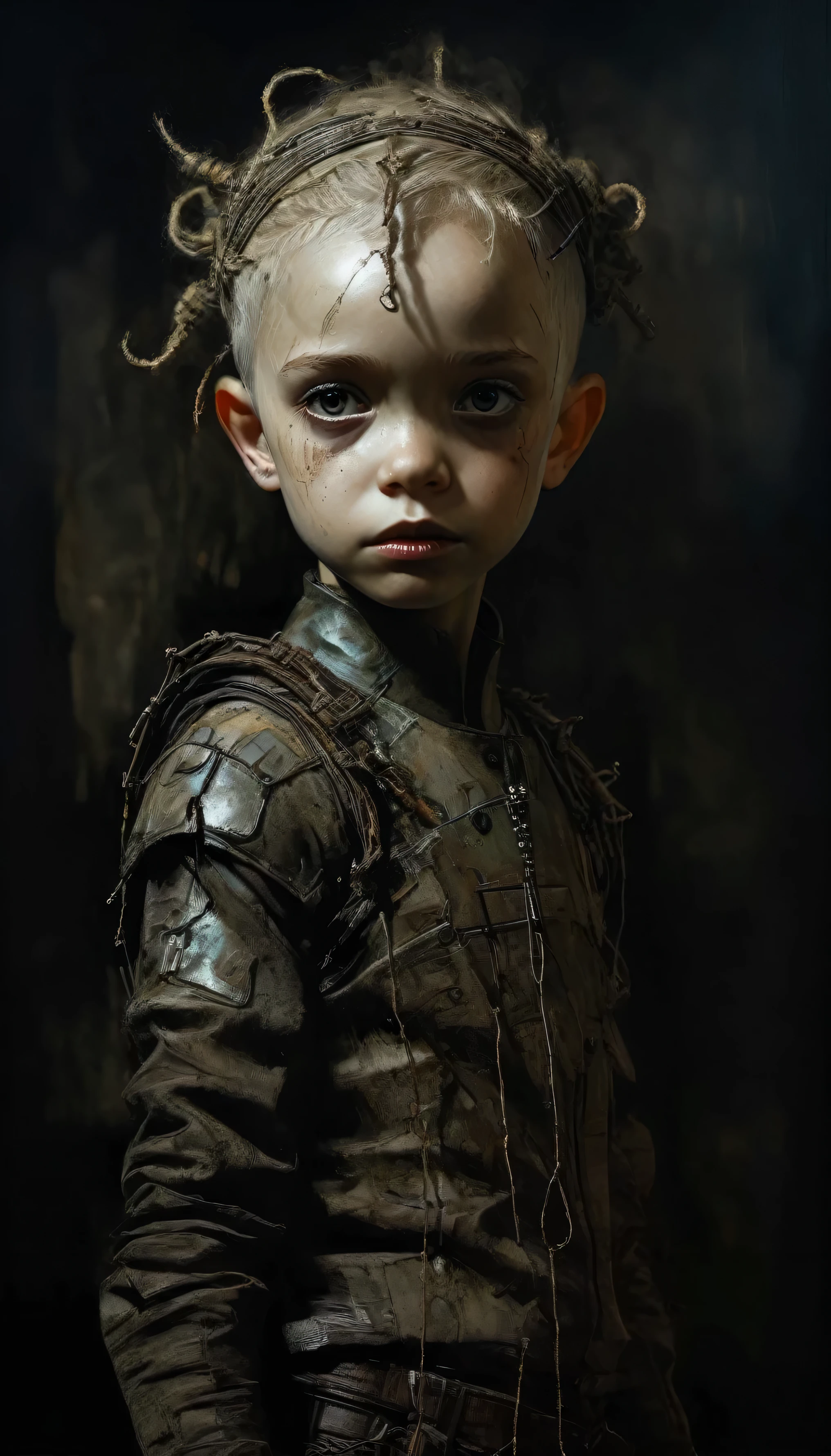 Anatomically correct:1.3, Intricate and detailed portrait of a child., fantasy character design, cyberpunk, Dark and moody lighting, spectacular chiaroscuro lighting, film composition, Ashley Wood Style, sandy grunge texture, sharp focus, hiper detallado, 8K, (The best quality:1.2), (photorealistic:1.37). AniPnyXLQuality, HashbinPnyXL