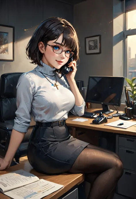 church office. secretary sitting at her desk, on the phone with her boss.((ultra realistic illustration:1.3)), beautiful 18 yo w...