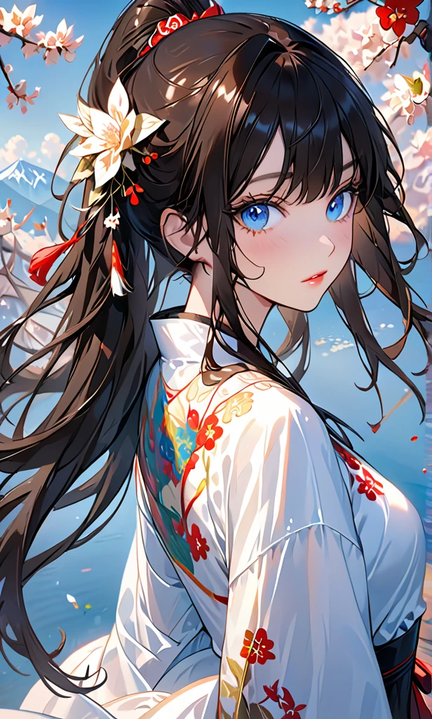 The background is a festival.，(Highest quality,Details a lot,high resolution:1.2),Beautiful girl，Blue eyes,Straight brown-black hair,Brown bangs，a lot_long eyelashes, Lip details, looks cool lot, Soft skin, Shiny hair,Exquisite make-up,Look back at me, Long-range view