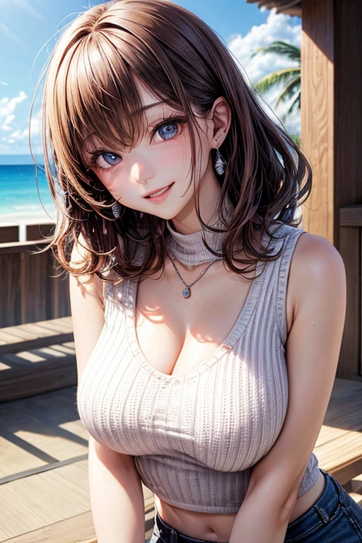 masutepiece, Best Quality, Photorealsitic, finely detail, hight resolution, 8K Wallpapers, Perfect dynamic composition, Beautiful detailed eyes, Medium Hair, large full breasts, Random and sexy poses,Bring your chest together、(Open Chest Mock Neck Crop Tank Top White Knitwear、Cleavage looks realistic)、(Breast bulge 1.2)、A smile、open open mouth、Resort scenery、25-years old、(Drooping eyes 1.4)、Adult beauty、japanes