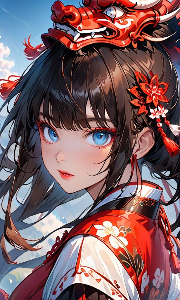 The background is a festival.，(Highest quality,Details a lot,high resolution:1.2),Beautiful girl，Blue eyes,Straight brown-black hair,Brown bangs，a lot_long eyelashes, Lip details, looks cool lot, Soft skin, Shiny hair,Exquisite make-up,Look back at me, On his head is a tengu mask., Long-range view