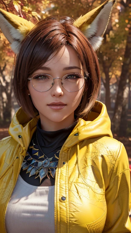 portrait, close-up, upper body. Short, red hair, green eyes, glasses with metal frames, green coat, joyful smile, cheerful girl . (masterpiece, top quality, best quality, official art, beautiful and aesthetically pleasing:1.2), extremely detailed,(fractal art:1.2),Colorful,The most detailed, (dynamic pose), (Autumn background:1.5), (Lots of yellow foxes:1.4). ((SPLIT. Skin texture, Shiny skin. elegance. photorealism. unreal engine. 3D model. Ultra high quality textures. High detail. permission 8k))