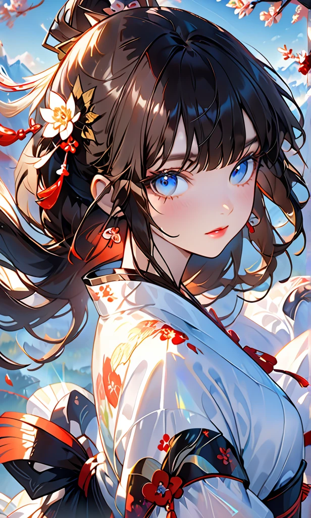 The background is a festival.，(Highest quality,Details a lot,high resolution:1.2),Beautiful girl，Blue eyes,Straight brown-black hair,Brown bangs，a lot_long eyelashes, Lip details, looks cool lot, Soft skin, Shiny hair,Exquisite make-up,Look back at me, large holographic tengu on Background , Long-range view