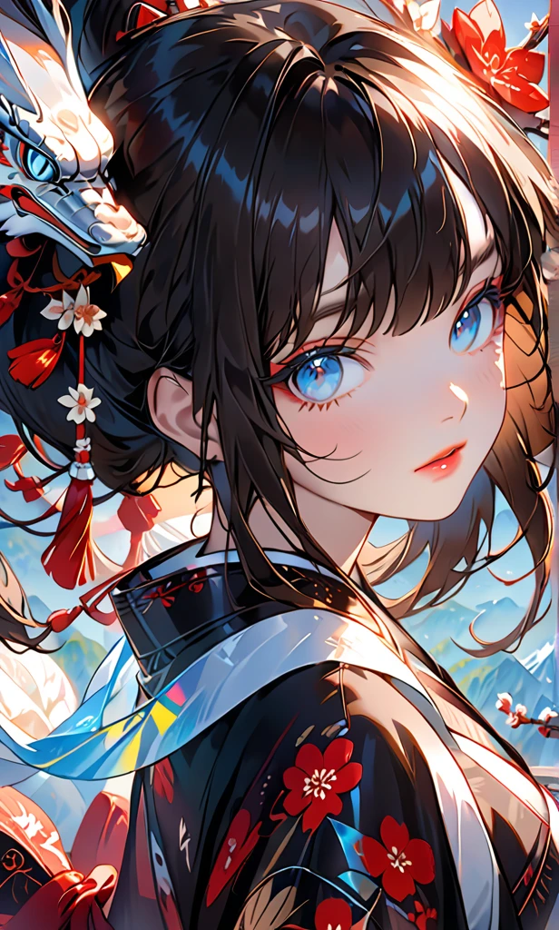 The background is a festival.，(Highest quality,Details a lot,high resolution:1.2),Beautiful girl，Blue eyes,Straight brown-black hair,Brown bangs，a lot_long eyelashes, Lip details, looks cool lot, Soft skin, Shiny hair,Exquisite make-up,Look back at me, large holographic tengu on Background , Long-range view