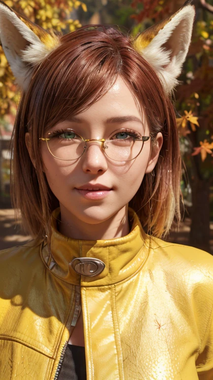 portrait, close-up, upper body. Short, red hair, green eyes, glasses with metal frames, green coat, joyful smile, cheerful girl . (masterpiece, top quality, best quality, official art, beautiful and aesthetically pleasing:1.2), extremely detailed,(fractal art:1.2),Colorful,The most detailed, (dynamic pose), (Autumn background:1.5), (Lots of yellow foxes:1.4). ((SPLIT. Skin texture, Shiny skin. elegance. photorealism. unreal engine. 3D model. Ultra high quality textures. High detail. permission 8k))