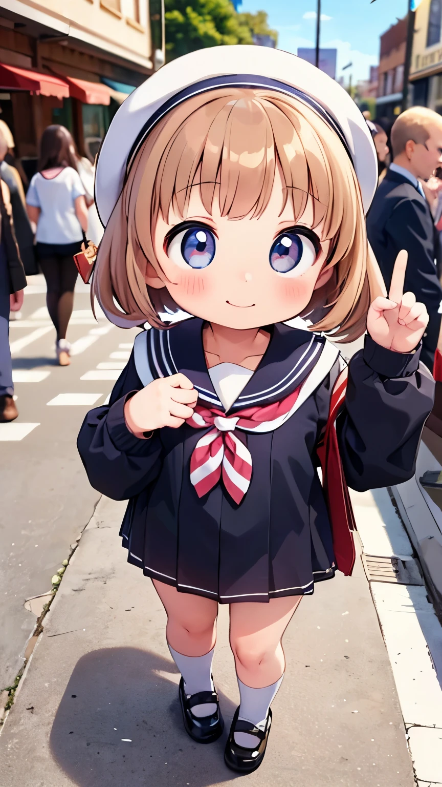 Best Quality，Little young girl，，1 person，A shy smile，Fisheye Lens，shy，、Very cute，baby face，Very short stature，Flat Chest，Sailor suit，Shopping Street，In the crowd，Cunning gestures，