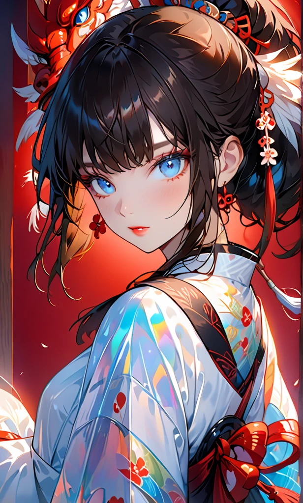 The background is a festival.，(Highest quality,Details a lot,high resolution:1.2),Beautiful girl，Blue eyes,Straight brown-black hair,Brown bangs，a lot_long eyelashes, Lip details, looks cool lot, Soft skin, Shiny hair,Exquisite make-up,Look back at me, large holographic tengu on Background , Body 3/4