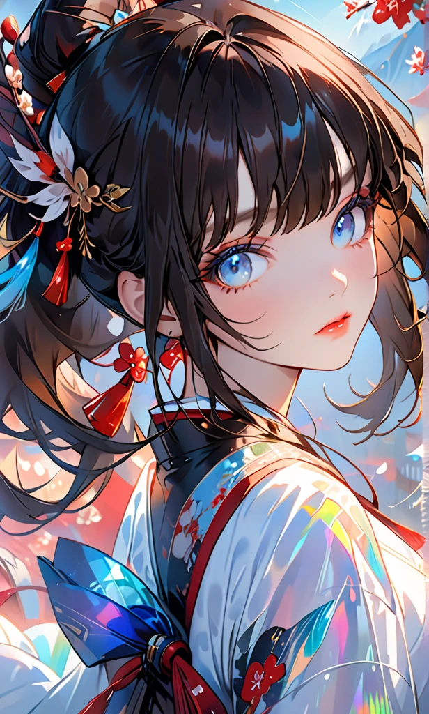 The background is a festival.，(Highest quality,Details a lot,high resolution:1.2),Beautiful girl，Blue eyes,Straight brown-black hair,Brown bangs，a lot_long eyelashes, Lip details, looks cool lot, Soft skin, Shiny hair,Exquisite make-up,Look back at me, large holographic tengu on Background , Body 3/4