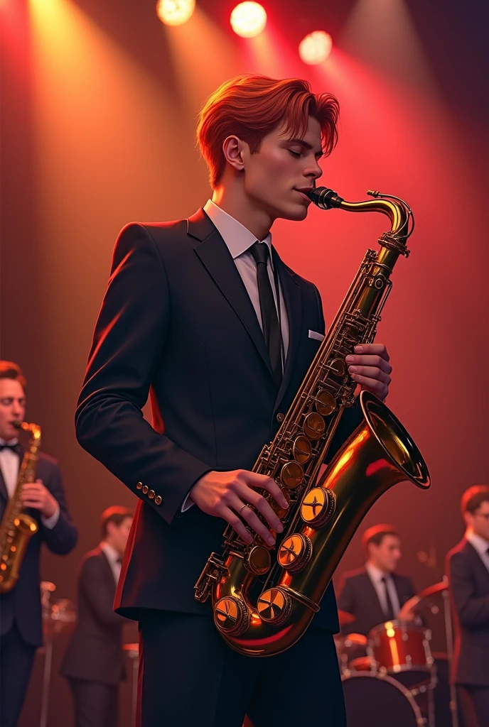 (best quality,8k,highres, masterpiece:1.2), (anime style),ultra-detailed, HDR, UHD, studio lighting, ultra-fine painting, sharp focus, physically-based rendering, extreme detail description, professional, vivid colors, bokeh, portraits, concept artists, warm color palette, dramatic lighting,Big band, suit, saxophone, stand up and play, redhead, brown skin, eyes closed, on stage,