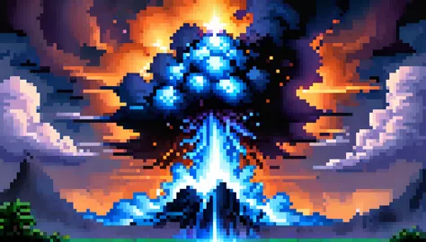 (Pixel art), dark, fantasy, rpg, game asset, create cinematic picture of a gigantic blue explosion without fire pouring bleu energy all over the world