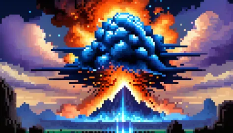 (Pixel art), dark, fantasy, rpg, game asset, create cinematic picture of a gigantic blue explosion without fire pouring bleu energy all over the world