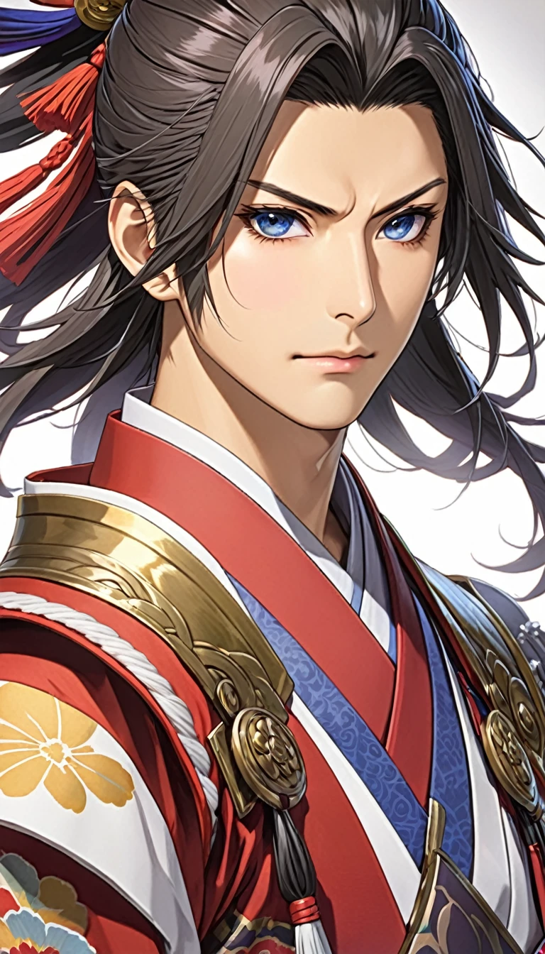 Sengoku Warlords、A close-up of Mori Ranmaru&#39;A face captured completely from the front。He is looking straight into the camera with a piercing gaze.、His facial features are prominent, He exudes masculine strength forged on the battlefield..。Strong, square jawline.、His face is calm、It expresses a strong will.。expensive, Chiseled cheekbones and straight nose、It symbolizes the firm self-confidence of the young military commander..。Thick eyebrows and a sharp gaze、It gives off an unyielding spirit and unwavering pride..。Her black hair was neatly tied up.、Her hair was tied in a ponytail、It further accentuates his attractive, masculine appearance..。The mouth is tightly closed、The strong determination hidden within is revealed..。The background is the night battlefield of Honnoji Temple..、A fire burning in the distance、This further accentuates his calm and powerful frontal expression..。Upper body photo