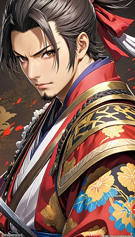 sengoku warlords、a close-up of mori ranmaru&#39;a face captured completely from the front。he is looking straight into the camera...