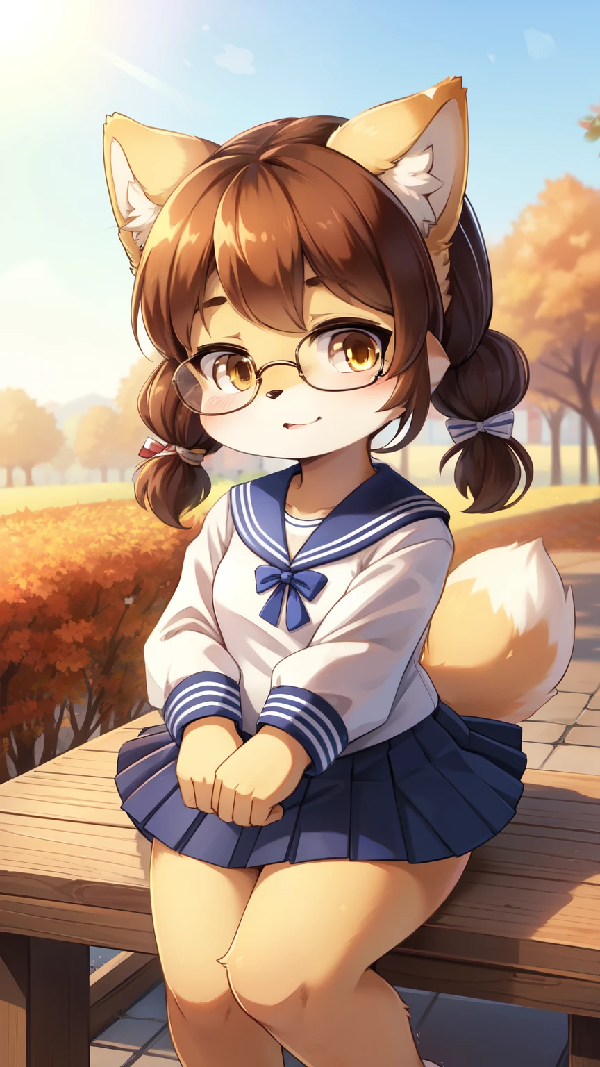 sauce_comics, sauce_Furry,Very young  ，Glasses，Mameshiba, Brown Hair, Twin tails, Yellow Eyes, Small breasts, Detailed body fur, ((Sailor suit，Pleated skirt，white)), Masterpiece anime style, Two-tone body fur, Brown body hair, clear Brown body hair, (Mameshiba tail), (Mameshiba ears), Detailed face, Thick eyebrows, fine grain, Detailed body, Autumn cityscape, sunny, , Shining Body, Shiny body, Motion Blur, whole body, Three-toed feet, Three Toes, I&#39;Iはあなたを見ています, :3, smile, Dynamic Angle, I&#39;Iはあなたを見ています, Standing, sexy, cute，Cunning gestures，Girl&#39;s Temptation，