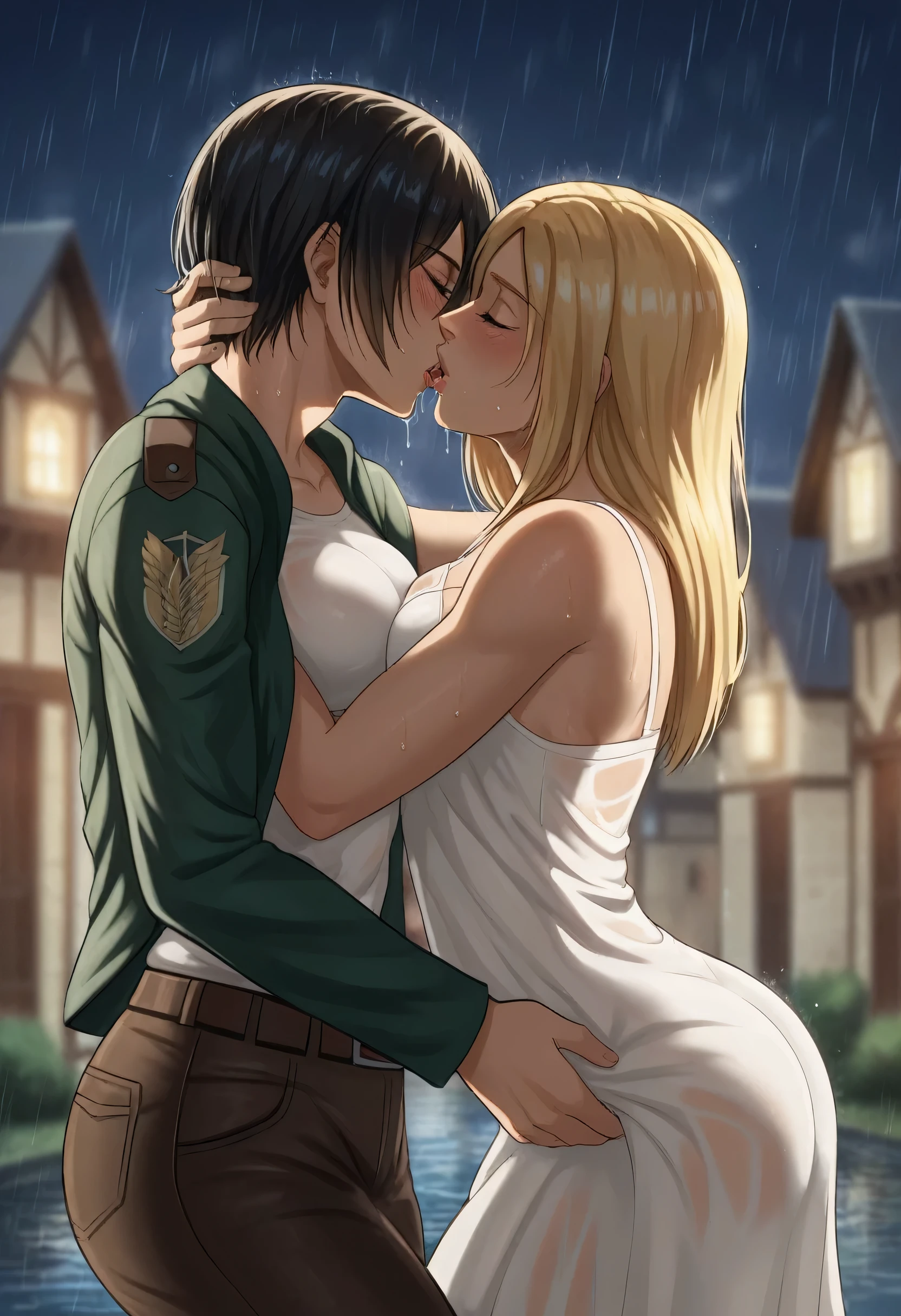 score_9, score_8_up, score_7_up, BREAK source_anime, historia reiss, blue eyes, blonde hair, long hair, medium breasts, long white dress sleeveless,female black hair soldier hugs historia,Mikasa with historia hugs,mikasa wreanig open green jacket black sport bra and black combat pants,Mikasa female with short hair,mikasa female medium breasts,eyes closed,in night,moon in sky,mikasa final season,mikasa,Mikasa hugs historia،mikasa femboy,mikasa final season,historia blonde hair,hugs and kissing,mikasa carrying historia and kissing her,Mikasa lifts Historia up and kisses her.in middle night,raining outside,mikasa final season,girls kissing,girl×girl,lesbians,yuri,romantic wallpapers,historia sitting on mikasa and kissing her,Mikasa in both hands touch historia ass, raining,wet body's,water dropped on mikasa and historia body's,mikasa final season design,character's from season 4,historia crying while kissing mikasa,crying both,one of Historia hands touch mikasa abs,romantic kissing,saliva from kisses