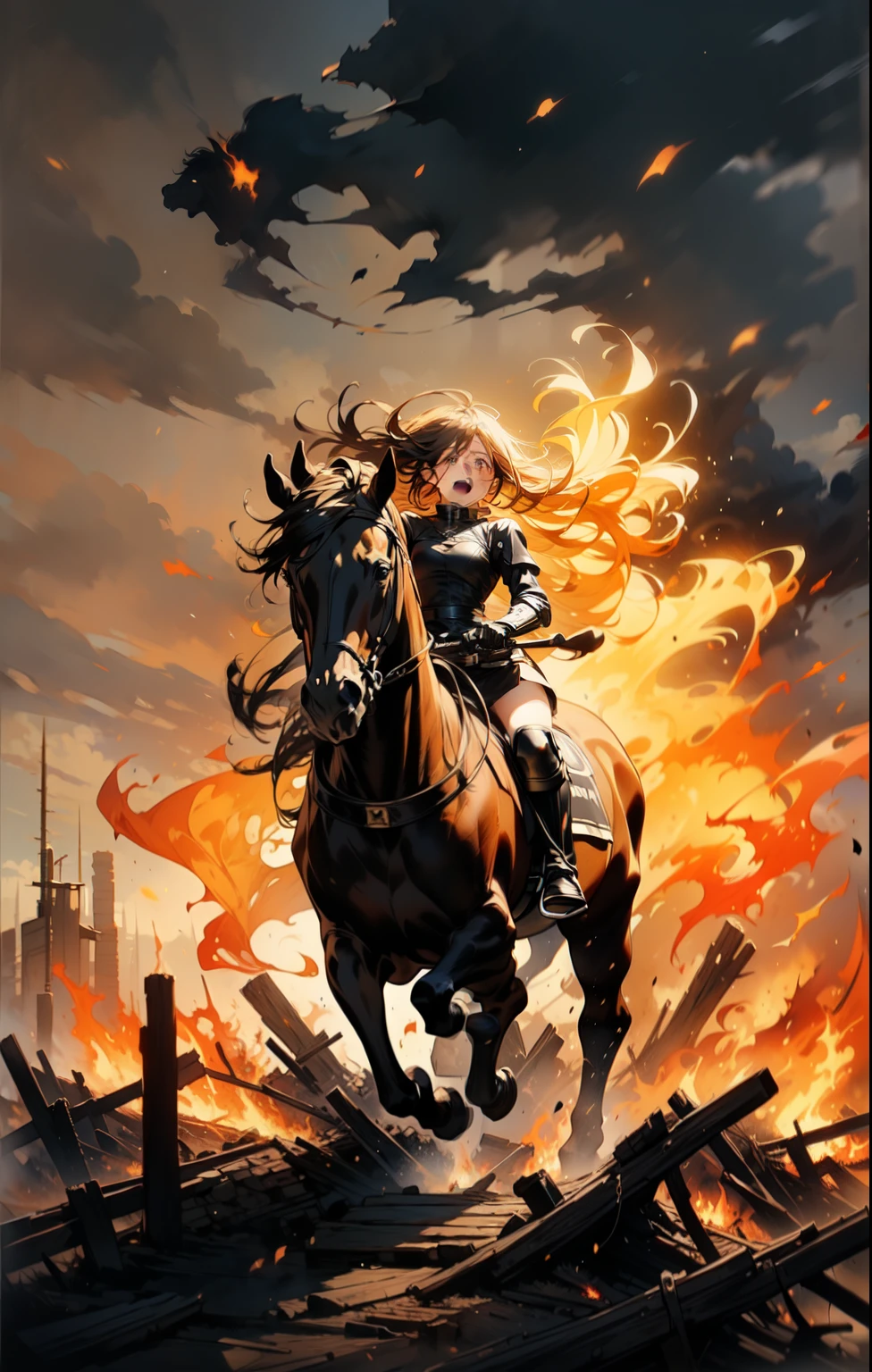 ((best quality)), ((anime masterpiece)), (high detailed), 8k, cinematic lighting, perfect face, panic face, a young female knight riding a HORSE, running through wildfire, open mouth:0.6, (brown eyes, pixie cut, hair between eyes, {brunette}, large breast), (brown armor, black gloves, black gloves, miniskirt, bare legs, greaves), (brown horse, saddle, reins, bridle, stir ups), n the burning forest, wildfire scene,, solo, both hand holding rein, from side: 1.2, anatomically correct 