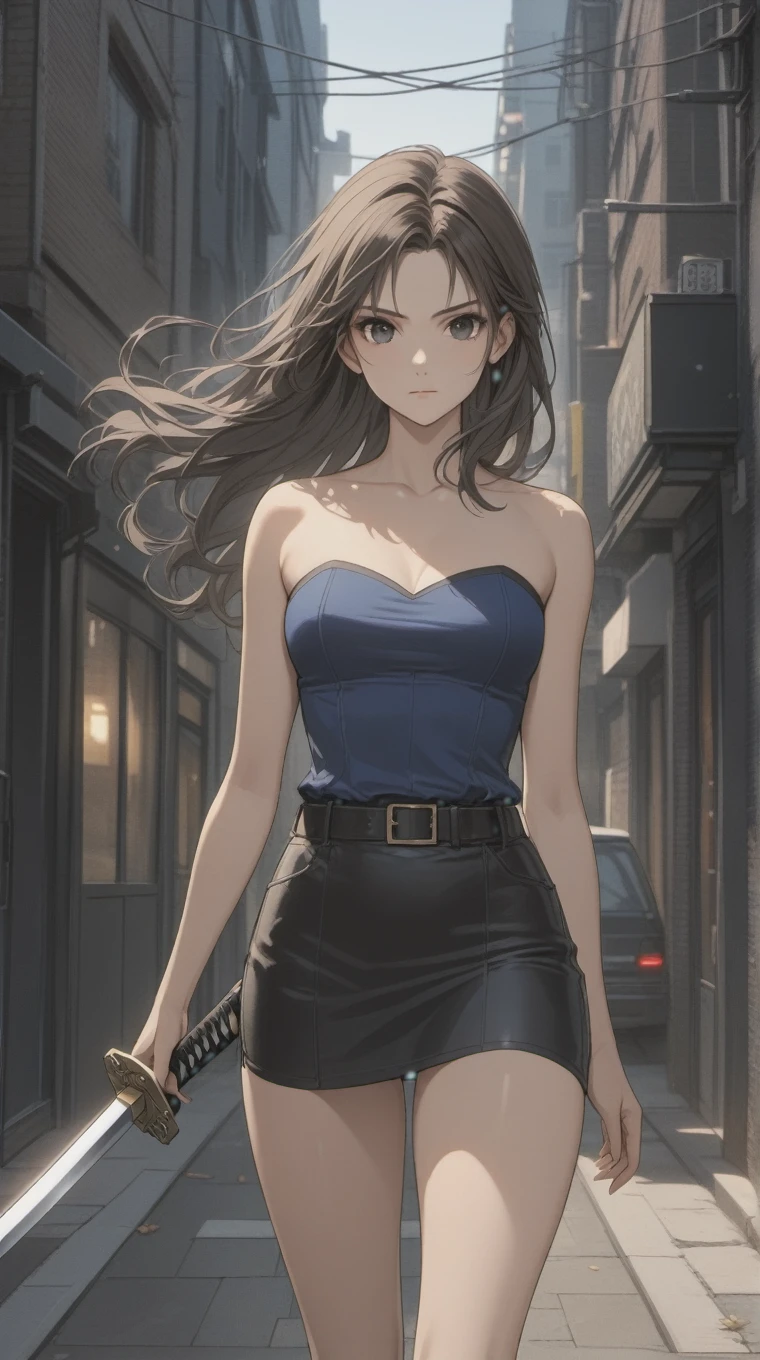 (((Adult woman)): (small black mini skirt, strapless blue top, Black eyes, showing the whole body, brown skin, ((Black wavy hair)), High heel Beige boots. Closed mouth)); full body shot, running at street, Raccon Police Department background (RPD). High quality. 4k, 8k, many details. Masterpiece, accurate, anatomically correct, posing, detailed background, better quality, original work Focus on details, Jill Valentine, empty street, Front view, nightmare, holding a katana sword, at night