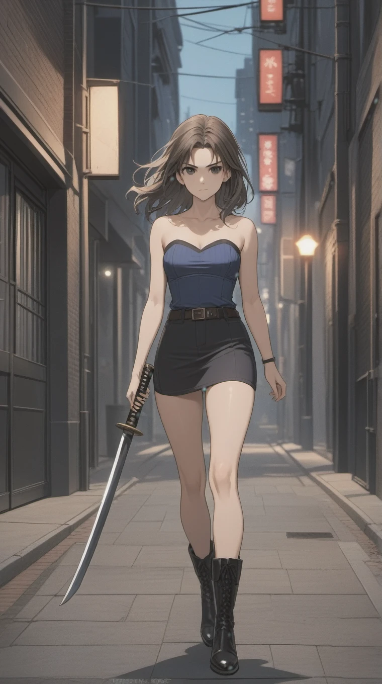 (((Adult woman)): (small black mini skirt, strapless blue top, Black eyes, showing the whole body, brown skin, ((Black wavy hair)), High heel Beige boots. Closed mouth)); full body shot, running at street, Raccon Police Department background (RPD). High quality. 4k, 8k, many details. Masterpiece, accurate, anatomically correct, posing, detailed background, better quality, original work Focus on details, Jill Valentine, empty street, Front view, nightmare, holding a katana sword, at night