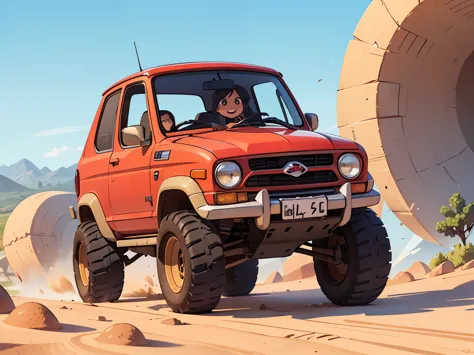 Octane Rendering、(Ultra-fine: 1.2)、(Soft Light、sharp: 1.2)、morning、In the desert、Sand Dunes，A very small old red modified rally car，Widebody，Front spoiler，Rear wing，Over fender，Very short dress、Cute young girl，Driving a car，Dynamic Driving Experience，Sand Planet，Desert Rally，Fast and Agile，Big Jump，sneakers，Anatomically correct，Laughter，Dazzling Light，It will happen:1.2，Tamiya box art:1.2，