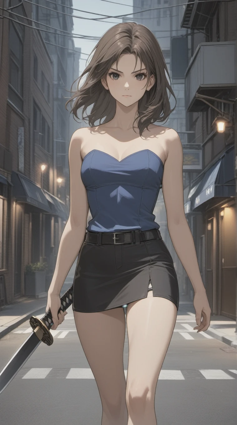 (((Adult woman)): (small black mini skirt, strapless blue top, Black eyes, showing the whole body, brown skin, ((Black wavy hair)), High heel Beige boots. Closed mouth)); full body shot, running at street, Raccon Police Department background (RPD). High quality. 4k, 8k, many details. Masterpiece, accurate, anatomically correct, posing, detailed background, better quality, original work Focus on details, Jill Valentine, empty street, Front view, nightmare, holding a katana sword, at night