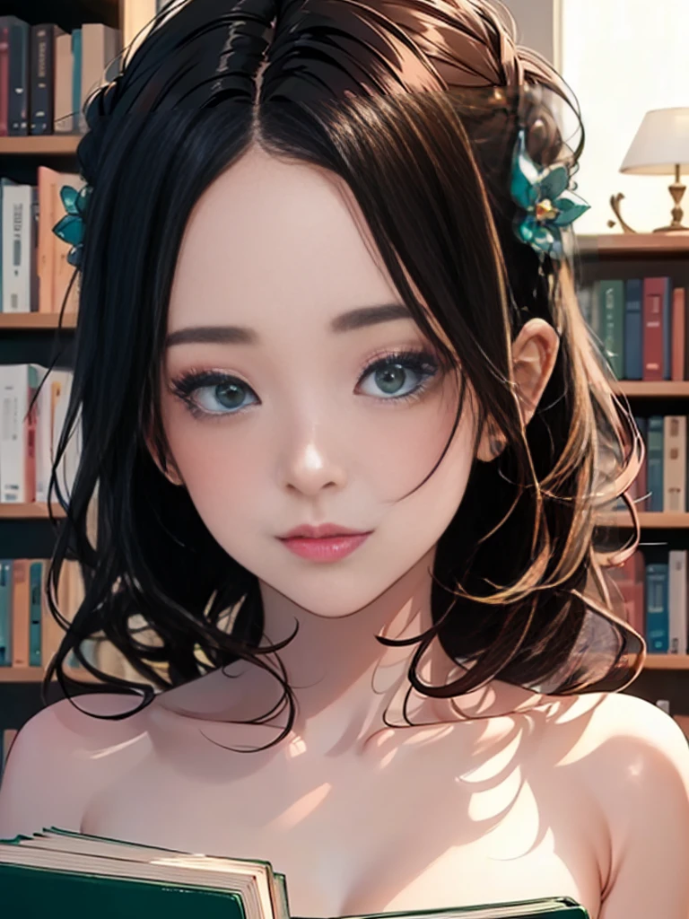 ((masterpiece,best quality))curvaceous woman, solo, bookshelf, pile of books, suzuno, indoors, hair ornament, yuina, blue-green eyes, detailed face, elegant pose, cinematic lighting, vibrant colors, intricate details, photorealistic