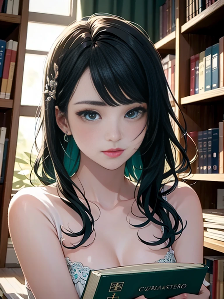 ((masterpiece,best quality))curvaceous woman, solo, bookshelf, pile of books, suzuno, indoors, hair ornament, yuina, blue-green eyes, detailed face, elegant pose, cinematic lighting, vibrant colors, intricate details, photorealistic