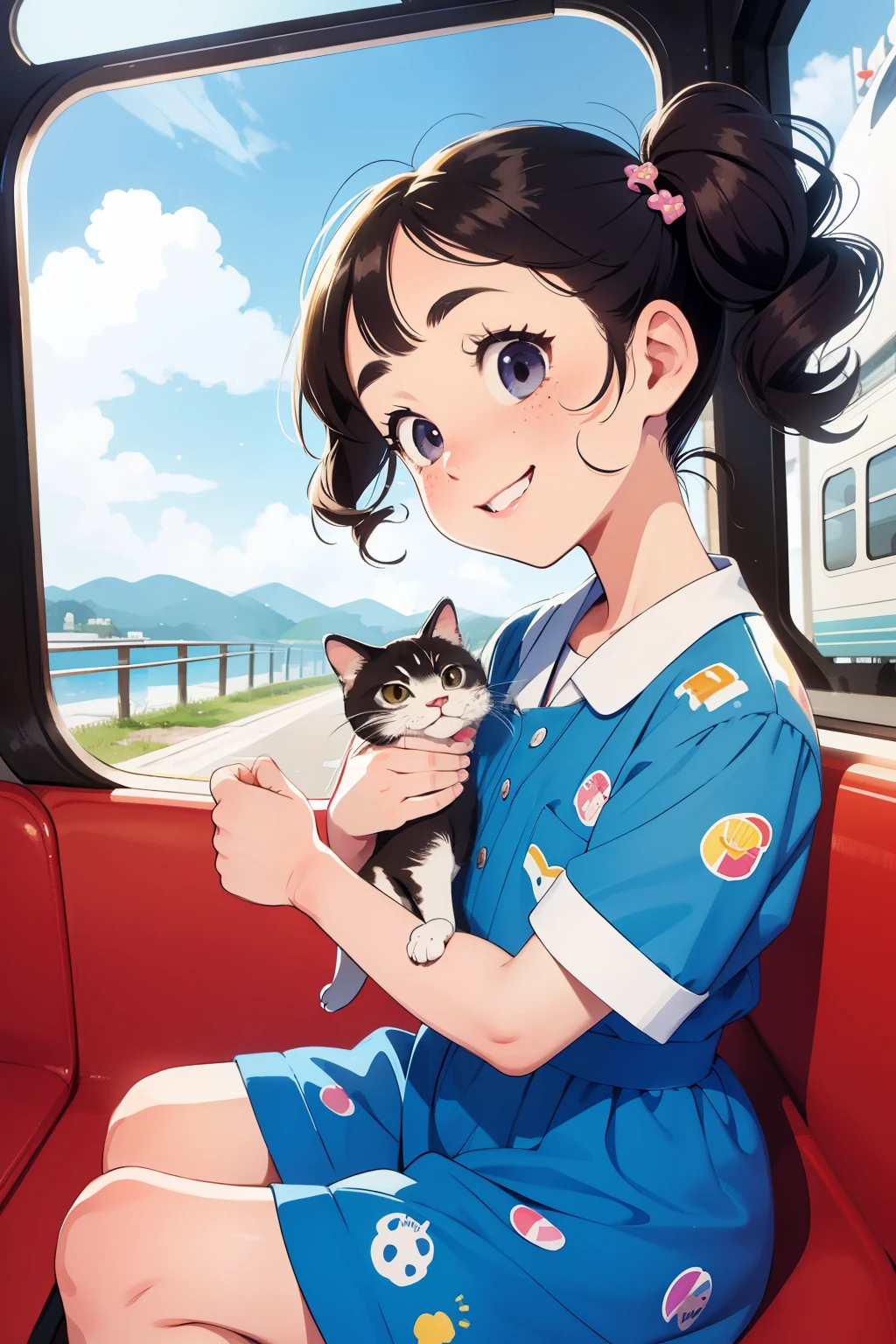 masterpiece，Best Quality，Cute doodles，Cheerful, Honor student，young ，baby face，Very short stature，Flat Chest，Thin thighs，Curly Hair, Twin tail hair，Vibrant, Curious eyes，Freckles，Thick eyebrows，Open Fly，Waiting for the train in front of a small station，Jojo Fashion，smile，Red cheeks，A little embarrassing，Early autumn，blue sky，Sardine cloud，bright，Low Angle，bright色，watercolor，Accurate and detailed female fingers，Petting a cat，