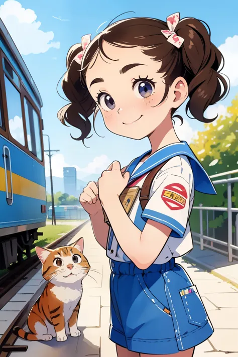 masterpiece，Best Quality，Cute doodles，Cheerful, Honor student，young ，baby face，Very short stature，Flat Chest，Thin thighs，Curly Hair, Twin tail hair，Vibrant, Curious eyes，Freckles，Thick eyebrows，Open Fly，Waiting for the train in front of a small station，Jojo Fashion，smile，Red cheeks，A little embarrassing，Early autumn，blue sky，Sardine cloud，bright，Low Angle，bright色，watercolor，Accurate and detailed female fingers，Petting a cat，