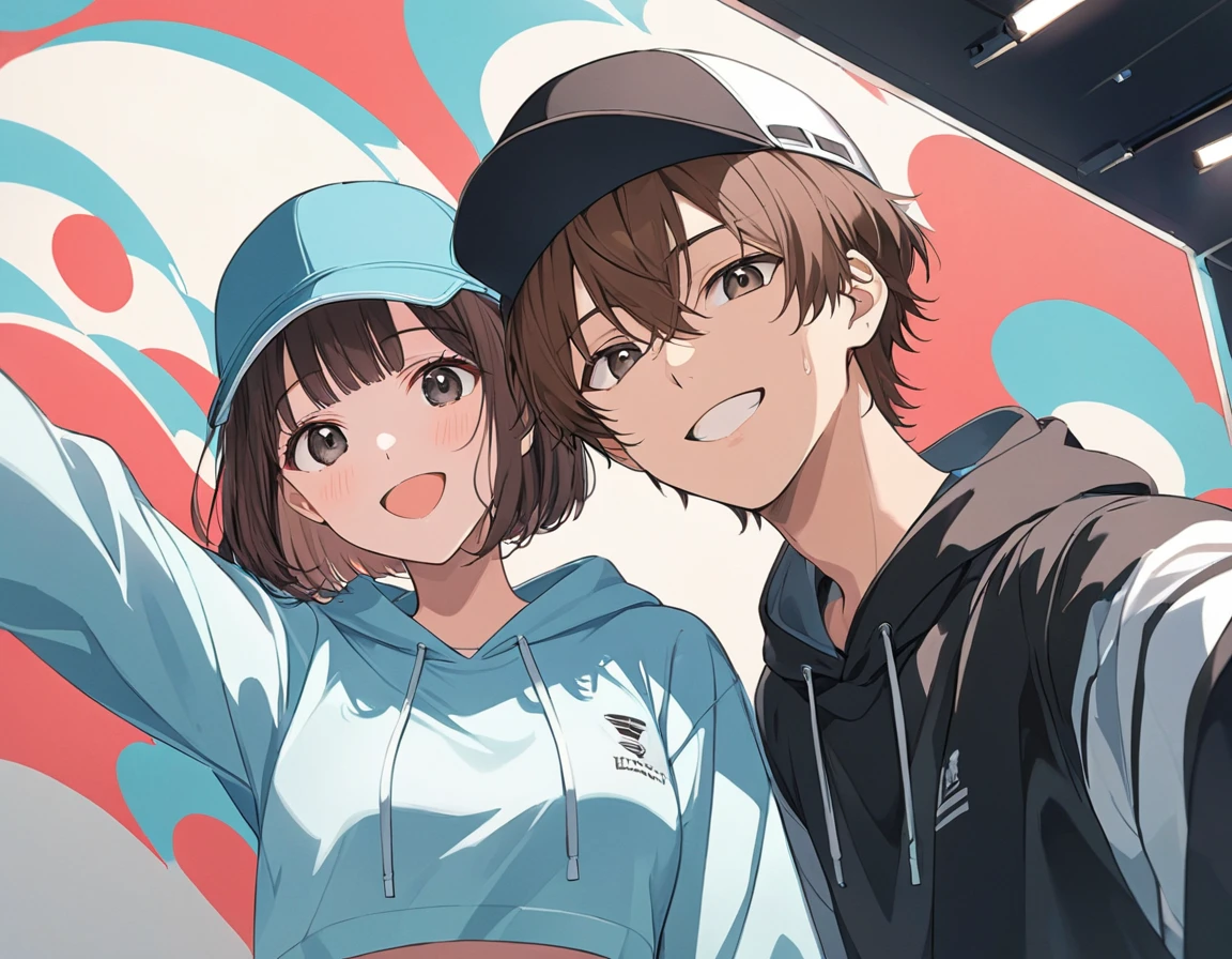 Anime Style,Couple taking a selfie,Wear a cap,Brown Hair,Short Bob,Blowing in the Wind,Black Eyes,Shining Eyes,Shining Eyesのハイライト ストリートダンサーの衣装,Wear a sports bra,Put on a black hoodie,Sweat,The best smile,A scene from youth, emphasizing women,Background is a painted wall,Low Angle Masterpiece,Best Quality,Exquisite,8k,Absurd,Ultra-detailed illustrations,(Watch the audience)