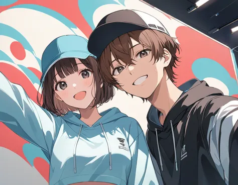 anime style,couple taking a selfie,wear a cap,brown hair,short bob,blowing in the wind,black eyes,shining eyes,shining eyesのハイライ...