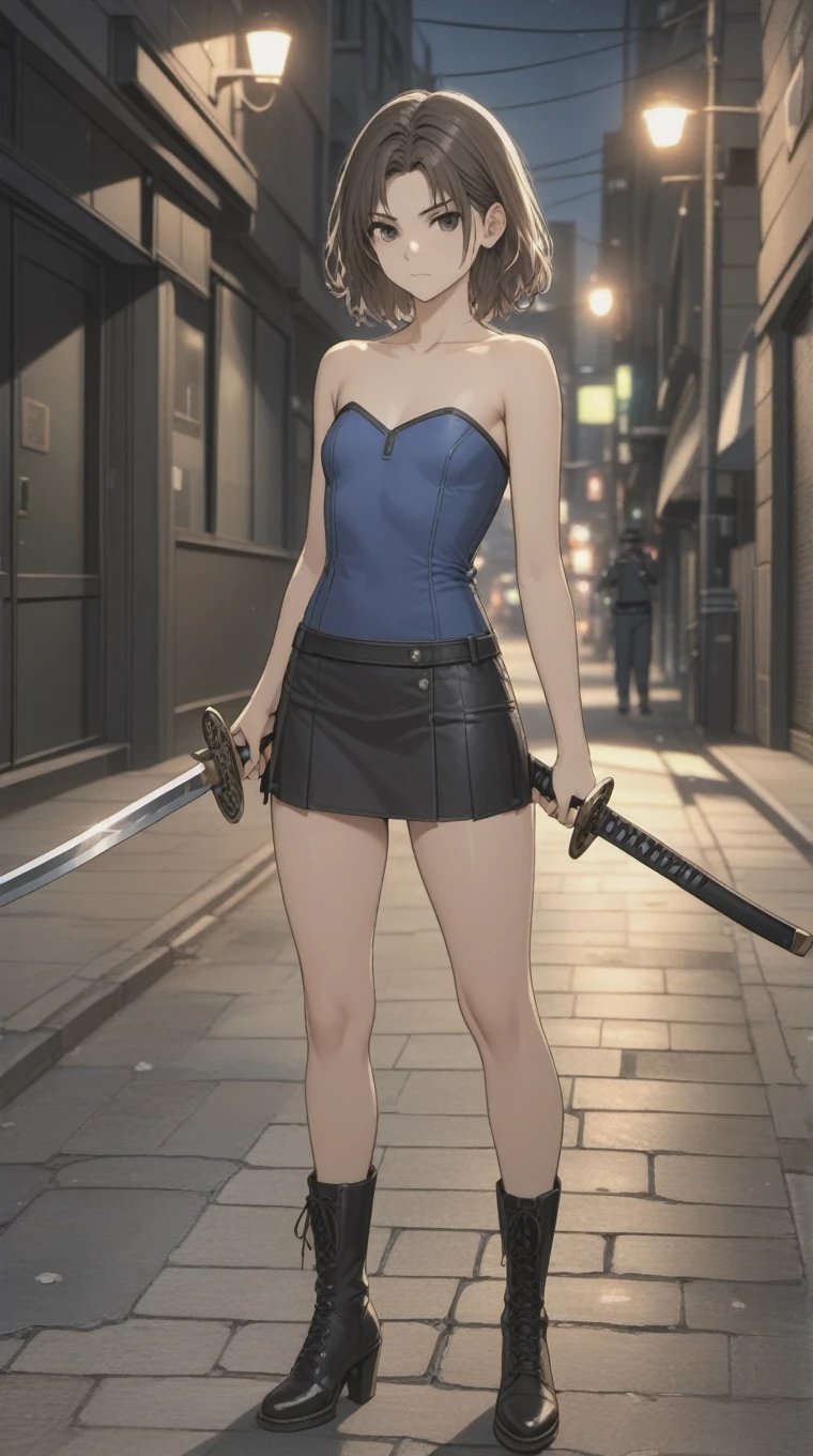 (((Adult woman)): (small black mini skirt, strapless blue top, flat chest, Black eyes, showing the whole body, brown skin, ((Black wavy hair)), High heel Beige boots. Closed mouth)); full body shot, running at street, Raccon Police Department background (RPD). High quality. 4k, 8k, many details. Masterpiece, accurate, anatomically correct, posing, detailed background, better quality, original work Focus on details, Jill Valentine, empty street, Front view, nightmare, holding a katana sword, at night