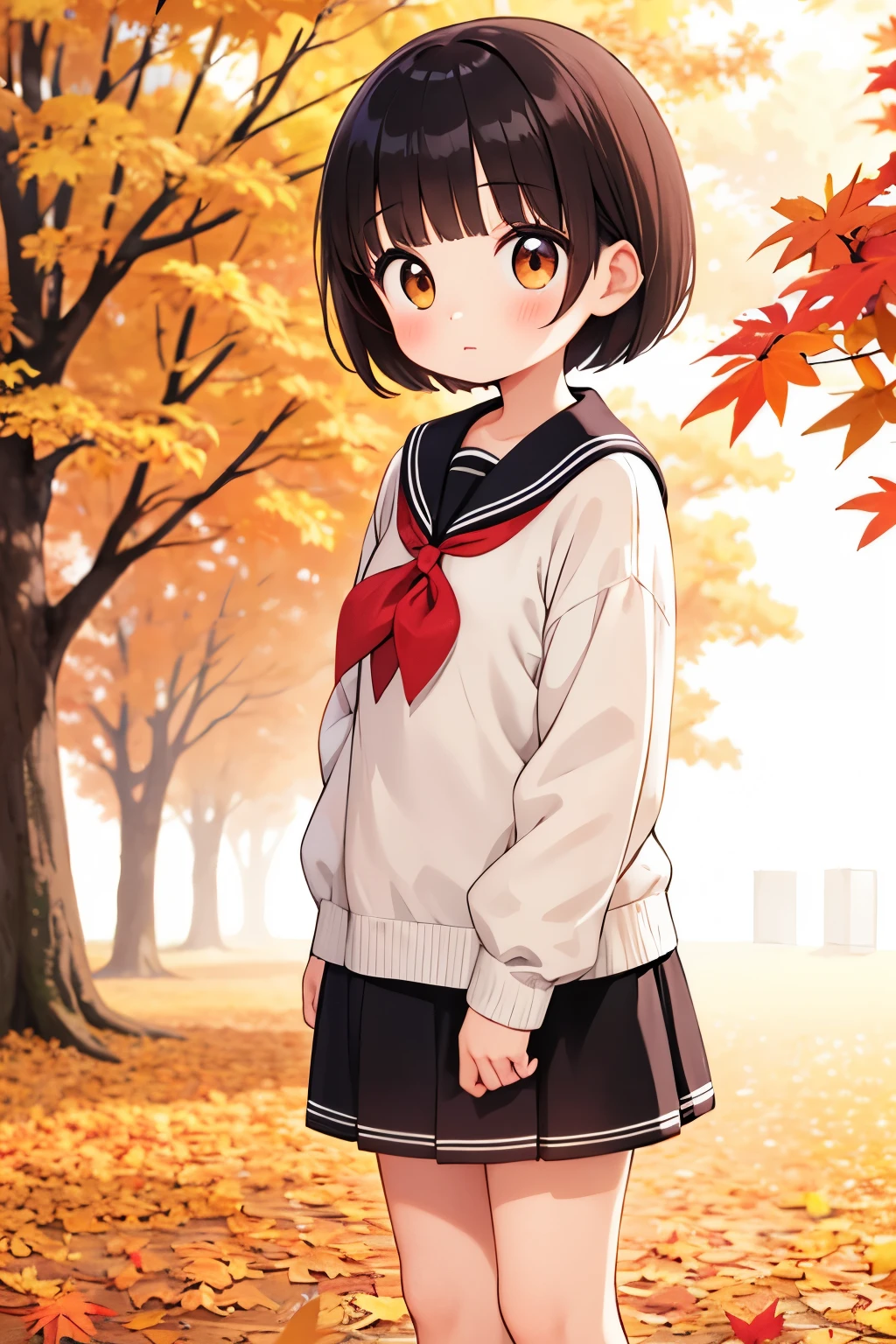 (Soft atmosphere:0.9), (Very round eyes:0.9), (cute:0.9), Young  alone ，Black Short Hair, bangs, Sailor short dress, Outdoor, Autumn leaves, Early autumn，Standing,brown eyes，

