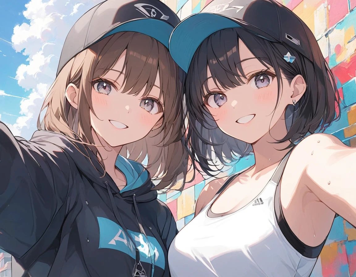 Anime Style,Couple taking a selfie,Wear a cap,Brown Hair,Short Bob,Blowing in the Wind,Black Eyes,Shining Eyes,Shining Eyesのハイライト ストリートダンサーの衣装,Wear a sports bra,Put on a black hoodie,Sweat,The best smile,A scene from youth, emphasizing women,Background is a painted wall,Low Angle Masterpiece,Best Quality,Exquisite,8k,Absurd,Ultra-detailed illustrations,(Watch the audience)