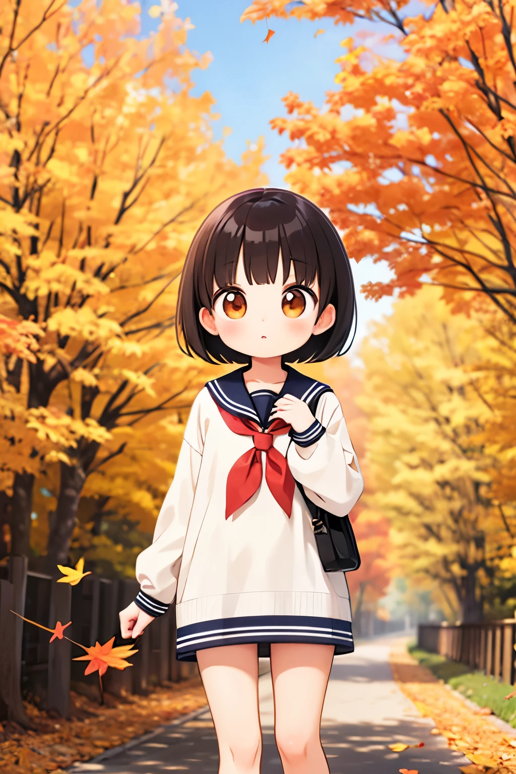 (Soft atmosphere:0.9), (Very round eyes:0.9), (cute:0.9), Young  alone ，Black Short Hair, bangs, Sailor short dress, Outdoor, Autumn leaves, Early autumn，Standing,brown eyes，Cunning gestures，