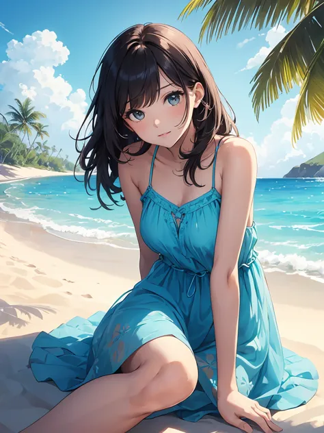 (best illumination, best shadow, masterpiece, high quality), colorful, lively, summer feel, many bright colors, beautiful woman with lightly disheveled summer dress, loose hair, sitting on a beach with crystal clear water and white sand, bright blue sky.