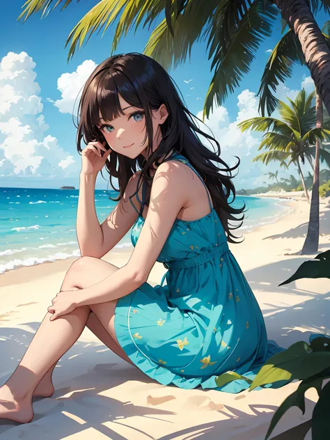 (best illumination, best shadow, masterpiece, high quality), colorful, lively, summer feel, many bright colors, beautiful woman with lightly disheveled summer dress, loose hair, sitting on a beach with crystal clear water and white sand, bright blue sky.