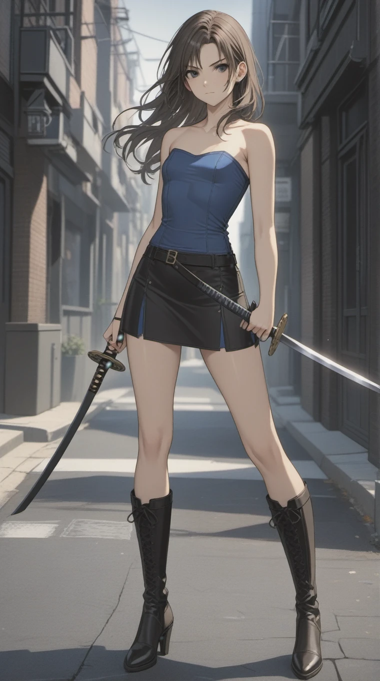 (((Adult woman)): (small black mini skirt, strapless blue top, flat chest, Black eyes, showing the whole body, brown skin, ((Black wavy hair)), High heel Beige boots. Closed mouth)); full body shot, running at street, Raccon Police Department background (RPD). High quality. 4k, 8k, many details. Masterpiece, accurate, anatomically correct, posing, detailed background, better quality, original work Focus on details, Jill Valentine, empty street, Front view, nightmare, holding a katana sword, at night