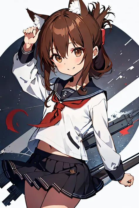 Best Quality, masterpiece，High resolution, youngとても小さな少女一人, {inazuma_Kantai Collection:1.15}, 茶色のhair, folded_ponytail, brown eyes，Seraph, length_hair, red面, open_mouth, smile, young , Chibi，Child body type，Very short stature，Flat chest Thin thighs，Small Ass，anchor_symbol, black_skirt, length_sleeve, look up_in_Viewers, neckerchief, , red_neckerchief, Sailor_collar, School_Uniform，Crafty move，