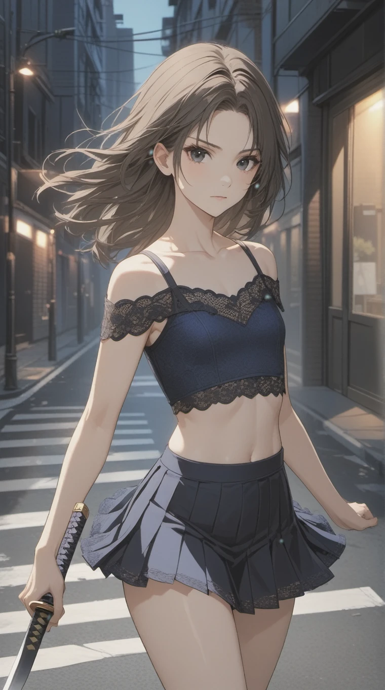 (((Adult woman)): (small pleated mini skirt, lace miniskirt, lace blue crop top, off shoulder's, windy effect, wind skirt lifting, white panties, flat chest, Black eyes, showing the whole body, brown skin, ((Black wavy hair)), High heel Beige boots. Closed mouth)); full body shot, running at street, Raccon Police Department background (RPD). High quality. 4k, 8k, many details. Masterpiece, accurate, anatomically correct, posing, detailed background, better quality, original work Focus on details, Jill Valentine, empty street, Front view, nightmare, holding a katana sword, at night