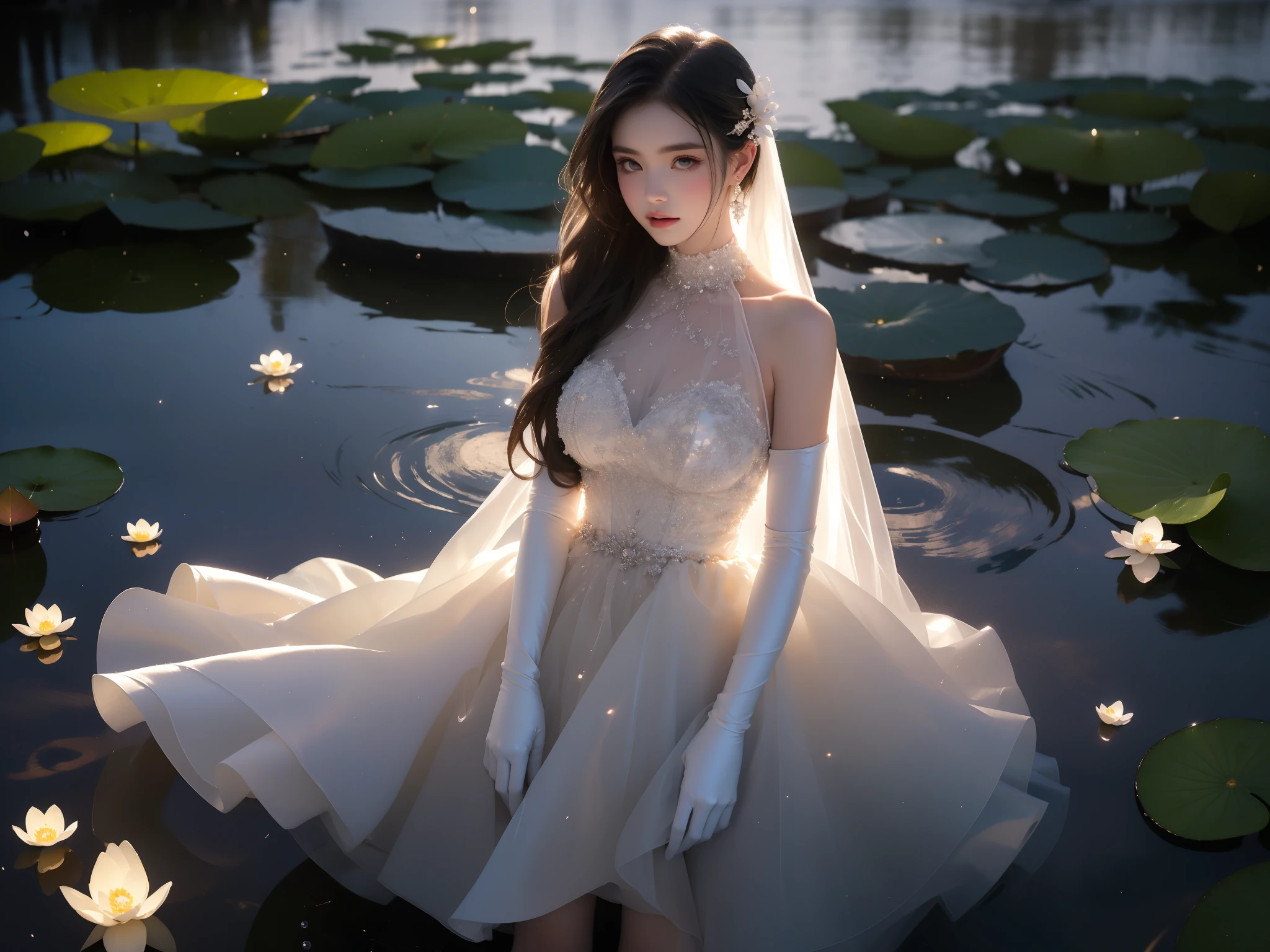 sh0rtj3w3lw3ddr3ss, elbow gloves, short wedding dress, pantyhose, see-through, water, 1girl, pose in water, black night, evening, fireflies, moonlit lake, long flowing hair, ethereal glow, shimmering water surface, soft ripples, starry sky, misty atmosphere, delicate facial features, serene expression, translucent dress, bare shoulders, pale skin, water lilies, reflections in water, dreamy and mysterious mood, high detail, photorealistic, cinematic lighting