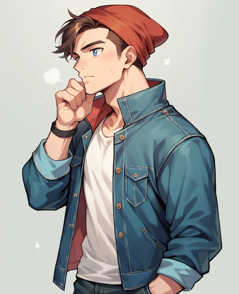 Solo ,human Male 20 Years  , Brown Hair Style , wearing red  beanie , wearing denim jacket  , dark blue pupils 