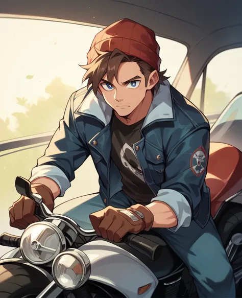 solo ,human male 20 years  , brown hair style , wearing red  beanie , wearing denim fur jacket  , dark blue pupils ,motorcycle d...