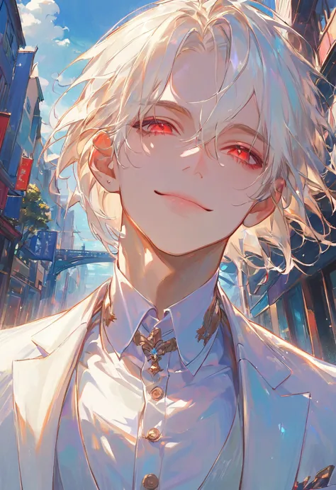 materpiece,1male,gentle,handsome,white hair,short hair,hair between eyes,red eyes,laughs with eyes,closed mouth,white suit,white...