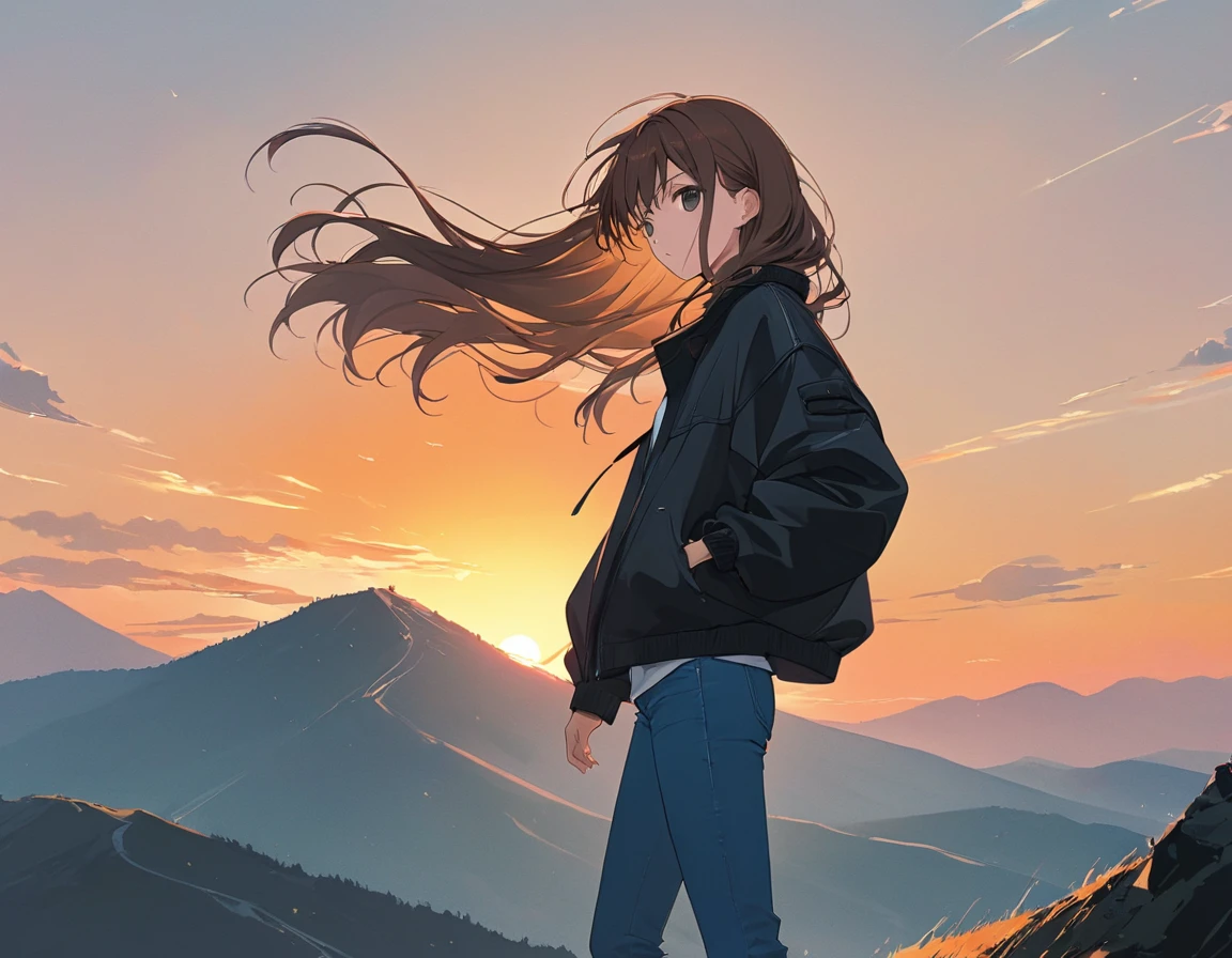 Anime Style,Woman holding her hair,Standing on the mountain top,Brown Hair,Long Hair,Blowing in the Wind,Black Eyes,Shining Eyes,Shining Eyesのハイライト 白いシャツ,Wear a black drop shoulder jacket,Wearing jeans, stern expression,Disgust,A scene from youth, emphasizing women,The background is an orange sunset,Low Angle,View from afar,A masterpiece with a moderately blurred background,Best Quality,Exquisite,8k,Absurd,Ultra-detailed illustrations,(Watch the audience)