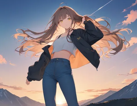 anime style,woman holding her hair,standing on the mountain top,brown hair,long hair,blowing in the wind,yellow eyes,shining eye...