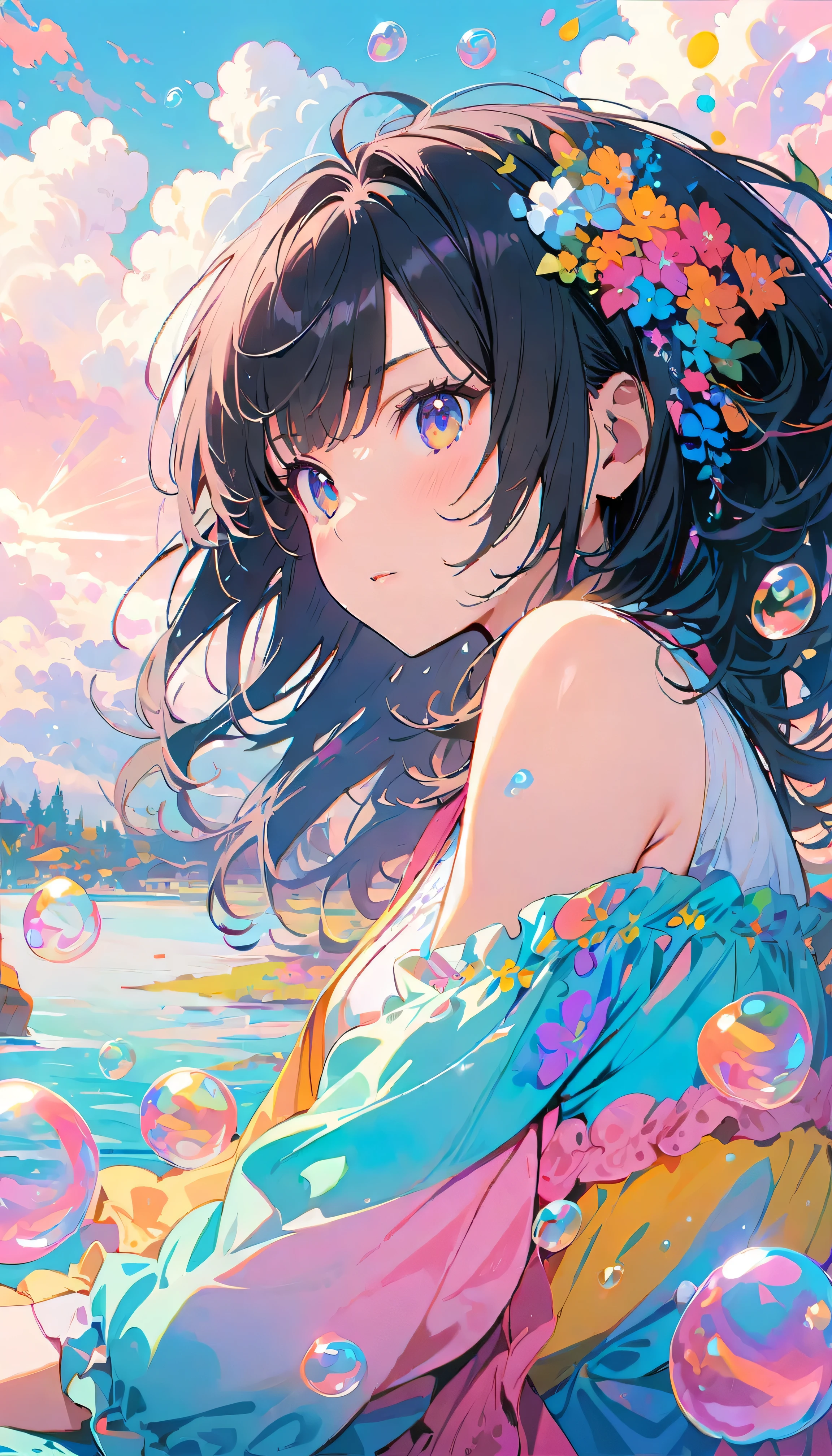 Best Quality, Super Fine, 8k, Unbelievably absurd, Very detailed, 2.5D, Beautiful Goddess, Soap bubbles, Pastel colored clouds, Sunshine, Pop Art, Delicate and dynamic, Pastel color fantasy, Black Hair, Official Art